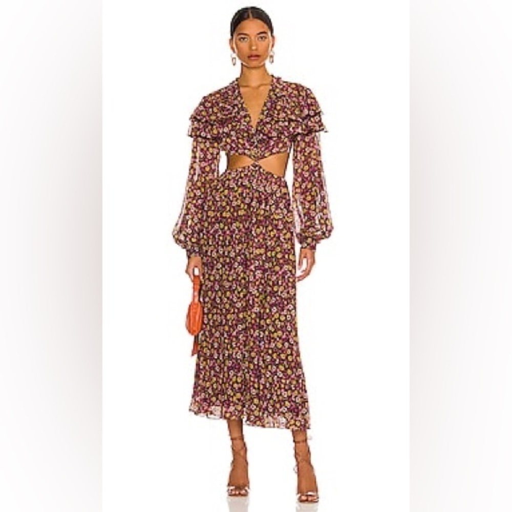NWT Ronny Kobo Hedy Long Sleeve Floral Rhubarb Orchid Cut Out Midi Dress XS
